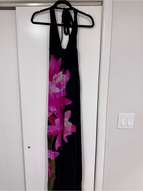 Black Halter Maxi Dress with Pink Floral Print Accent